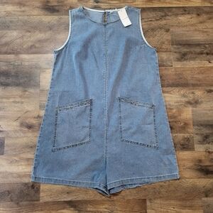 Glamaker Womens Casual Sleeveless Denim Sky Blue Overall Jumpsuit Romper Size L